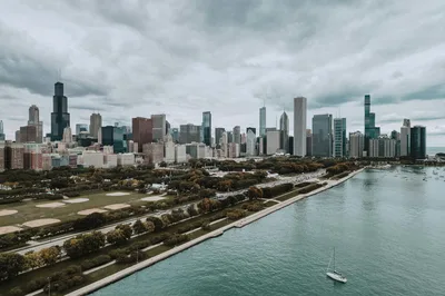 Breathtaking aerial cityscape of Chicago with skyscrapers along the Lakeshore.