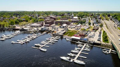 Aerial view of the Newburyport, MA waterfront and docking site