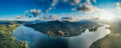 Aerial panorama of Priest Lake and surrounding mountains in Northern Idaho