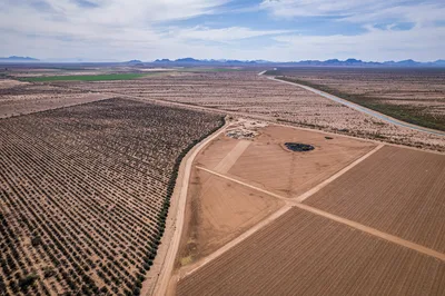 Aerial view of agricultural fields and desert landscape in Casa Grande, Arizona