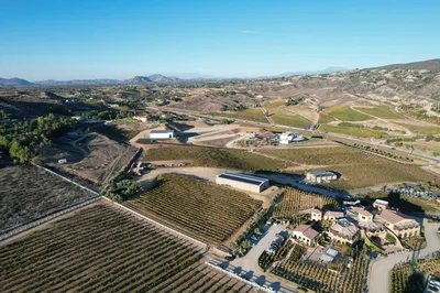 Scenic aerial view of vineyards and rolling hills in Temecula, California