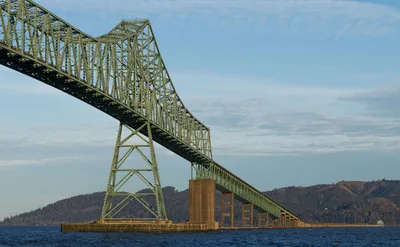 Aerial-style wide view of the Astoria-Megler Bridge crossing the Columbia River in Astoria, Oregon