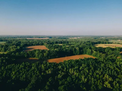 Aerial view of lush Michigan agricultural landscape and forests near Kalamazoo