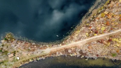 Aerial view of the Minnesota North Woods lakes and autumn foliage