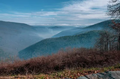 Aerial view of the misty Shenandoah mountains in Virginia