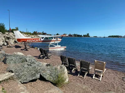 A Cessna 172 on floats docked at Grand Marais on the shore of Lake Superior
