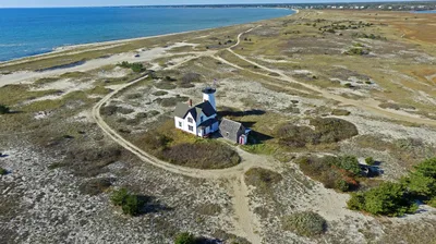 Aerial view of Chatham Lighthouse on the Cape Cod coastline