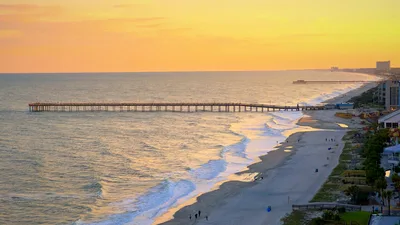 Aerial sunset view of the North Myrtle Beach coastline and fishing pier