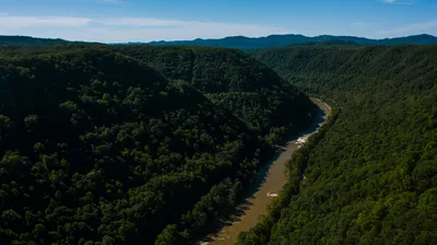 Aerial view of the Kanawha River valley and the rolling Appalachian Mountains in West Virginia