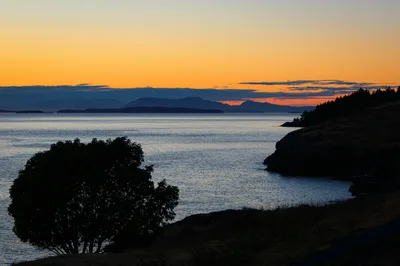Aerial sunset view of the Washington State coastline and islands