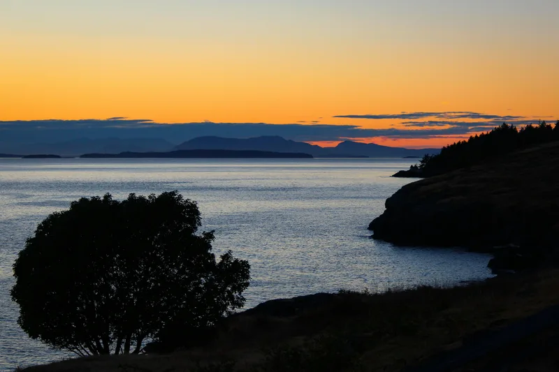 Aerial sunset view of the Washington State coastline and islands
