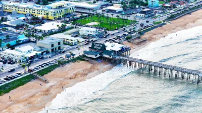 Aerial view of the Flagler Beach pier and coastline in Florida