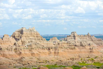 Sweeping aerial view of the layered rock formations in South Dakota's Badlands National Park