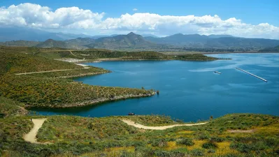 Aerial view of Diamond Valley Lake in Hemet, California, a major navigation landmark on the approach to Hemet-Ryan Airport.