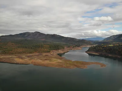 Aerial view of the Rogue River and mountains in Southern Oregon near Medford