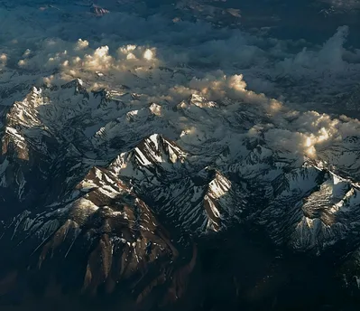 Aerial view of the snow-capped Sierra Nevada mountains in California