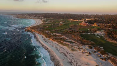 Aerial view of the Monterey Peninsula coastline at sunset