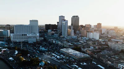 Breathtaking aerial view of New Orleans skyline and skyscrapers at sunset