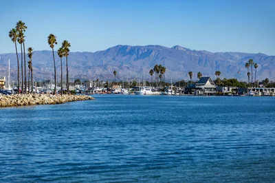 Yachts and palm trees at Channel Islands Harbor in Oxnard, CA with mountains in the background.