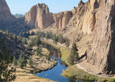 Aerial view of the Crooked River and gorge at Smith Rock State Park near Redmond, Oregon.