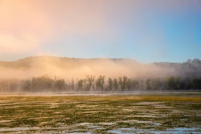 A serene sunrise with mist over a lush landscape in Tell, Wisconsin.