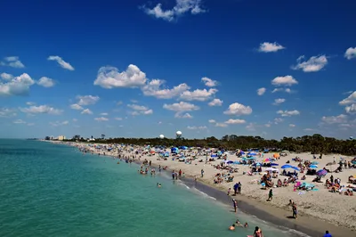 Vibrant beach scene at Venice Beach, Florida with colorful umbrellas and white sand