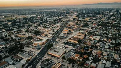 Aerial view of Los Angeles urban sprawl at sunset