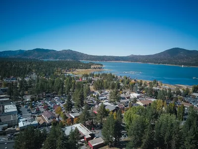 Aerial view of Big Bear Lake and the San Bernardino Mountains at sunset