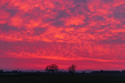 A dramatic red and pink sunset sky over a rural landscape in Merced, California.