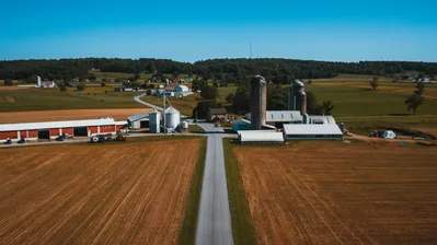 Aerial view of lush green farmland and agricultural fields in Lancaster County, Pennsylvania