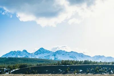 Aerial view of the snow-capped Sawtooth Mountains near Stanley, Idaho